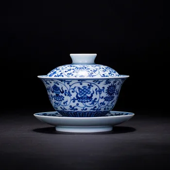 |tureen teacups ročno poslikanih keramičnih starinsko modre in bele lotus flower, sladki čaj in skledo jingdezhen čaj storitev